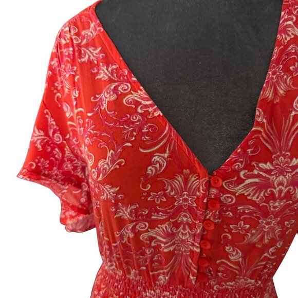 Abel the Label Red Floral Midi Dress With V-Neck Button Detail & Short Sleeves - Picture 4 of 9